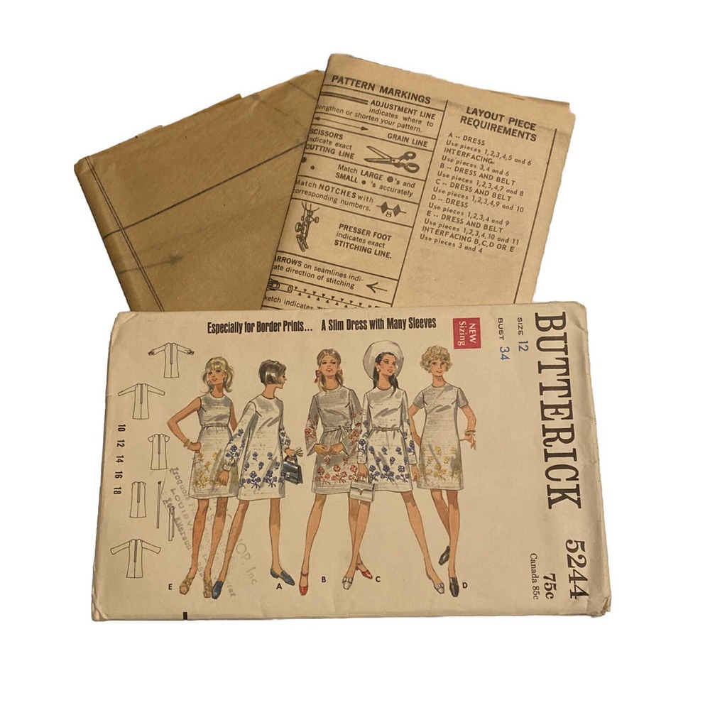 Butterick 5244 Sewing Pattern Miss Size 12 Slim Dress Sleeve Variations. Uncut